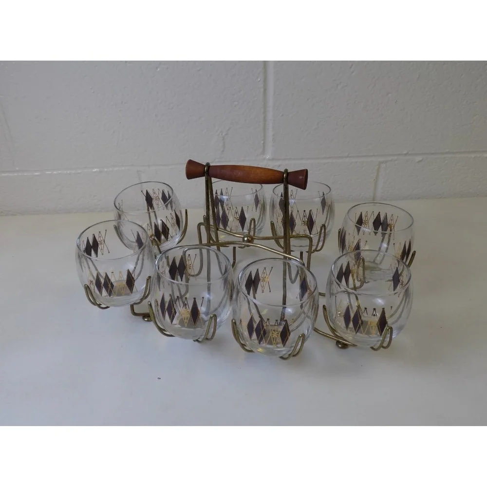Federal Glass Harlequin Roly Poly Glasses Caddy Set MCM Atomic Barware 9 Pc